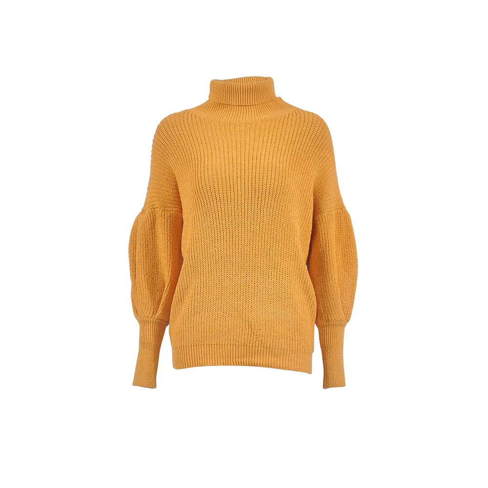 Женский свитер, Повседневный, с высоким воротником, с рукавами-фонариками, Женский пуловер, теплый и мягкий, весна, осень, зима, вязаный, хлопок - Цвет: Yellow