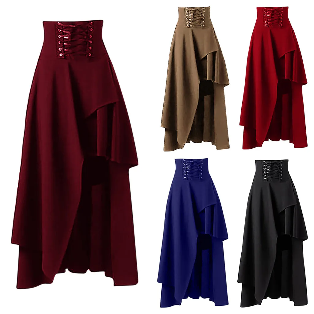 

Spring Summer Women Long Skirt Fashion Solid High Waist Gothic Layered Punk Lace Irregular Party Long Skirt for Party Club