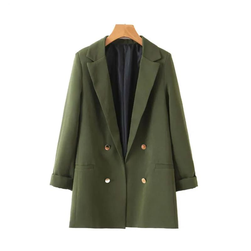

2019 Women Chic Army Green Blazers Decorate Button Open Stitch Pockets Back Split Female Jacket Office Lady Stylish Tide Coats