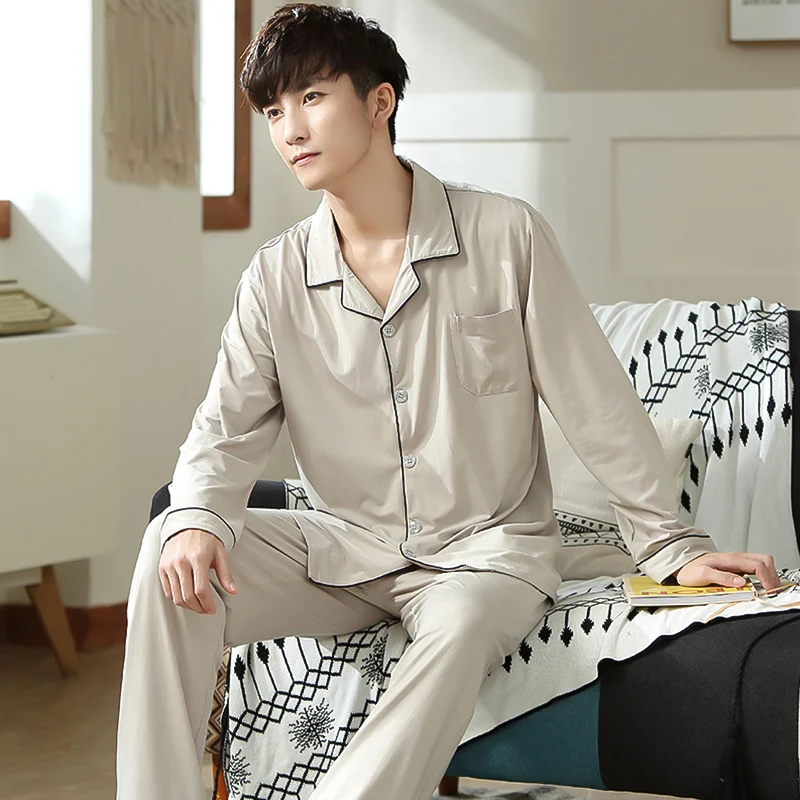 Spring Modal Pajamas Set For Men Long Sleeve Thin Man Sleepwear New Solid Nightwear Homewear For Male Pj Set Soft Pijamas Homme