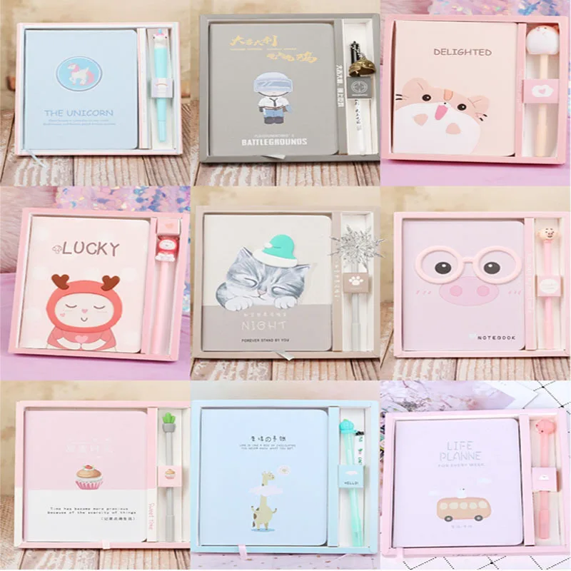

Creative gift cartoon notebook set couple notepad gift box student stationery office supplies art bound notebook and pen