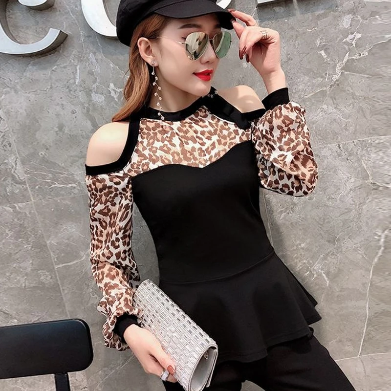 Женская леопардовая блузка с открытыми плечами лоскутный пуловер шифоновая