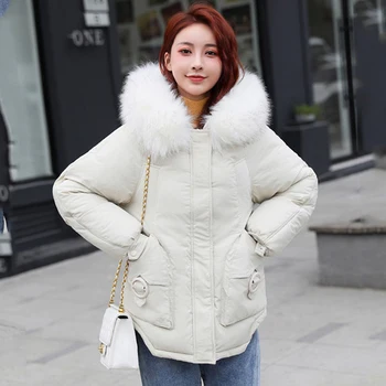 

Nicesnowl Solid Fur Hooded Thicken Zipper Long Down Coats Women Casual Long Sleeve Warm Cotton Coats Female women jacket