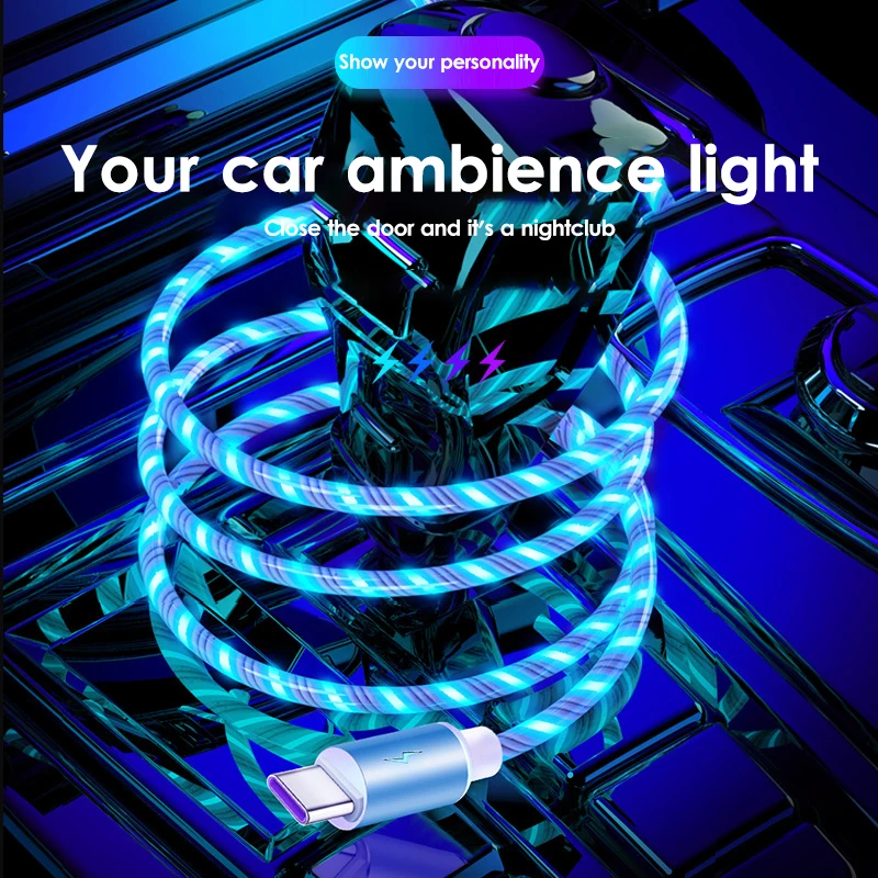 5А течет цветов LED Свечение USB зарядное устройство Тип C кабель для Android Micro