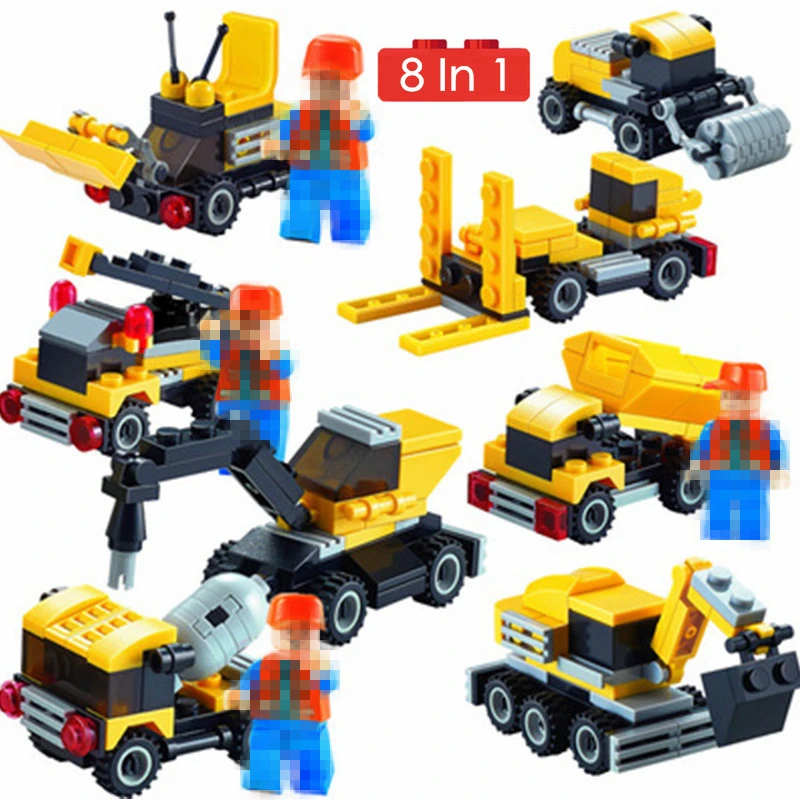 

8 In 1 Building Blocks Forklift Navvy Drilling Roller Trucks City Car Series Puzzle Assembling Boy Toy Diy Gift Block Children