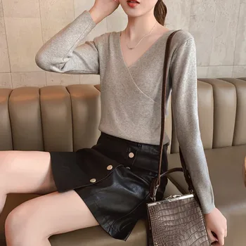 

Women Sweater Autumn Knit Jumper Pullover Sweet Solid Color V neck Sexy Sweet Loose Long-sleeved Knit Sweater