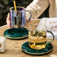 Fun Fervent Nordic Turkish Style Royal Glass and Saucer Set Modern Design Glass Simple Gold Edge Coffee Mug Tea Cup Set