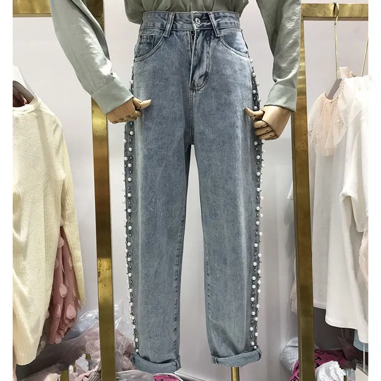 Женские модные широкие джинсы с бусинами, Осенние однотонные джинсы с высокой талией, джинсовые штаны с карманами, корейские свободные брюки
