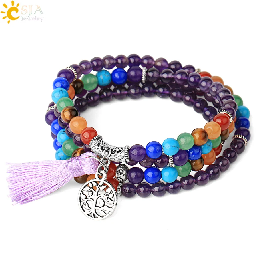 Women Necklace Natural Mala Gem Stone Bead Tassel 7 Chakra Tiger Eye Pink Quartz Howlite Reiki Boho Necklace
