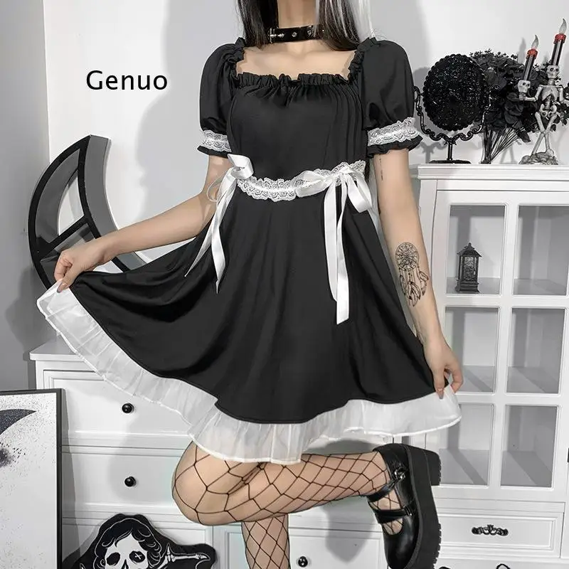 

Gothic Goth Lolita Kawaii Dress Women Soft Girl Japanese Harajuku Cute Short Puff Sleeve Black Dress 2021 Prom Sundress