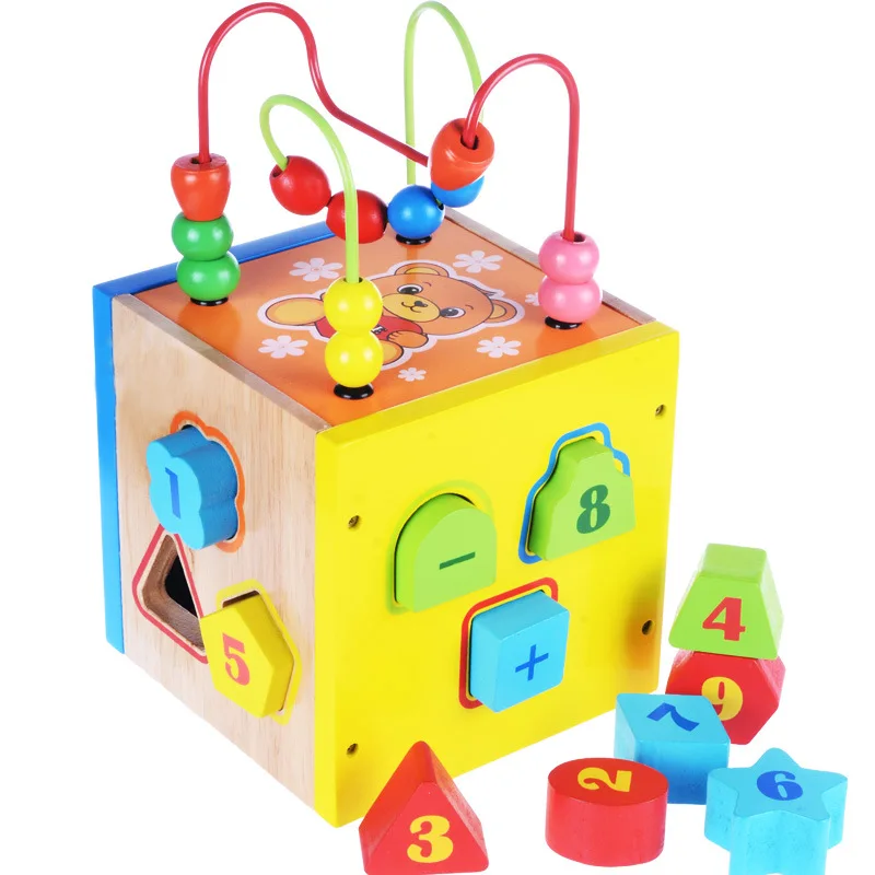 

Children'S Educational Early Childhood Bead-stringing Toy Building Blocks Stereo Geometric Shapes Wooden Toys Bead-stringing Toy