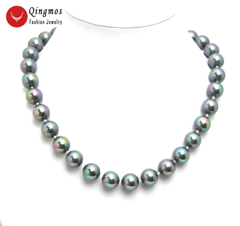 

Qingmos Fashion Black Pearl Necklace for Women with Luster 12MM Round Sea Shell Pearl Necklace 17" Chokers Jewelry Colar Femme,