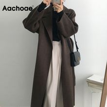 Aachoae Women Elegant Long Wool Coat With Belt Solid Color Long Sleeve Chic Outerwear Ladies Overcoat Autumn Winter 2020