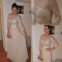Chiffon A-Line Mother Of The Bride Dress 3/4 Sleeves Pearls Sash Wedding Mother Dresses Beads Appliques Evening Party Gowns