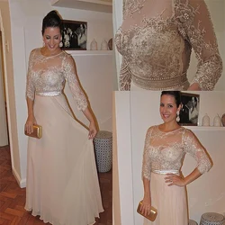Chiffon A-Line Mother Of The Bride Dress 3/4 Sleeves Pearls Sash Wedding Mother Dresses Beads Appliques Evening Party Gowns