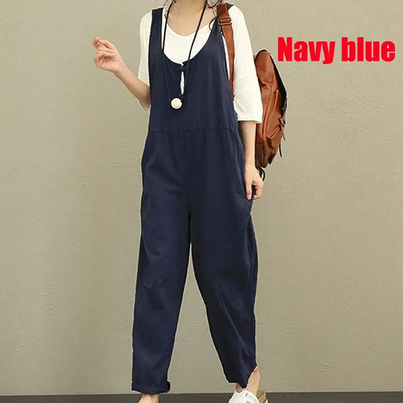 Navy blue Женский свободный комбинезон на бретелях, повседневные Комбинезоны, стильные женские свободные длинные комбинезоны для девочек, женские комбинезоны с карманами - Цвет: Navy blue
