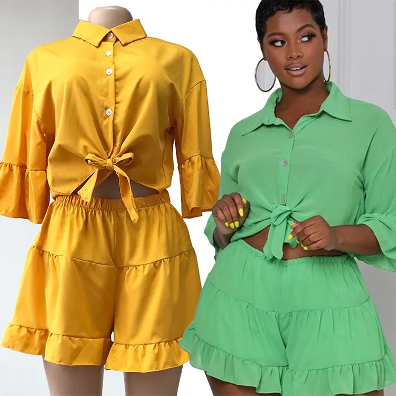 Pure Color Short-Sleeved Shirt + Casual Shorts 2 Piece Sets Women Outfits African Loose Clothing 2021 Summer New Slim Shorts Set