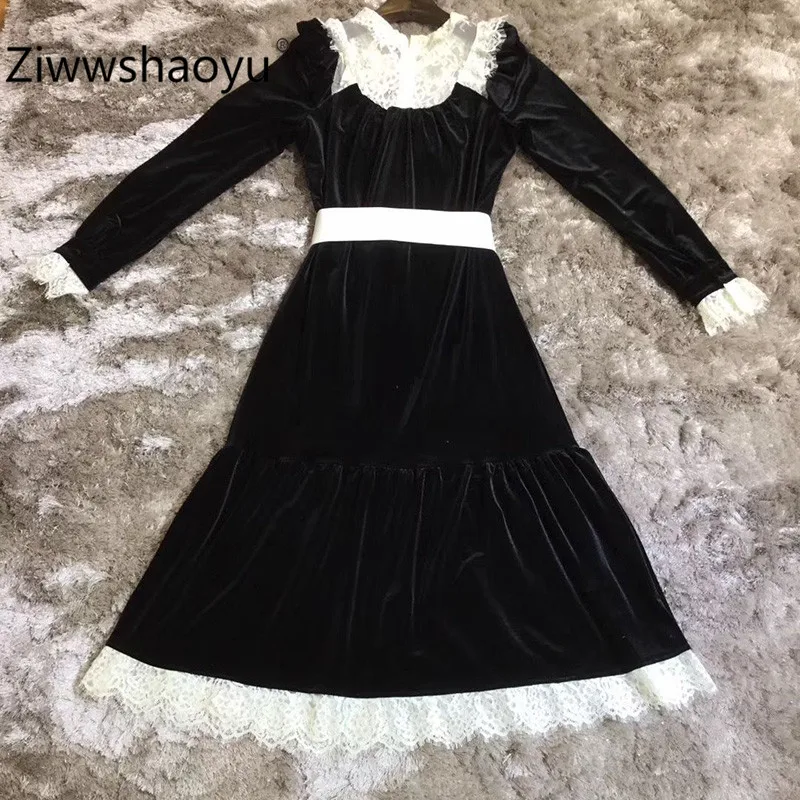 Ziwwshaoyu женские осенние зимние винтажные черные бархатные платья женские элегантные с длинным рукавом кружева высокого качества миди платья