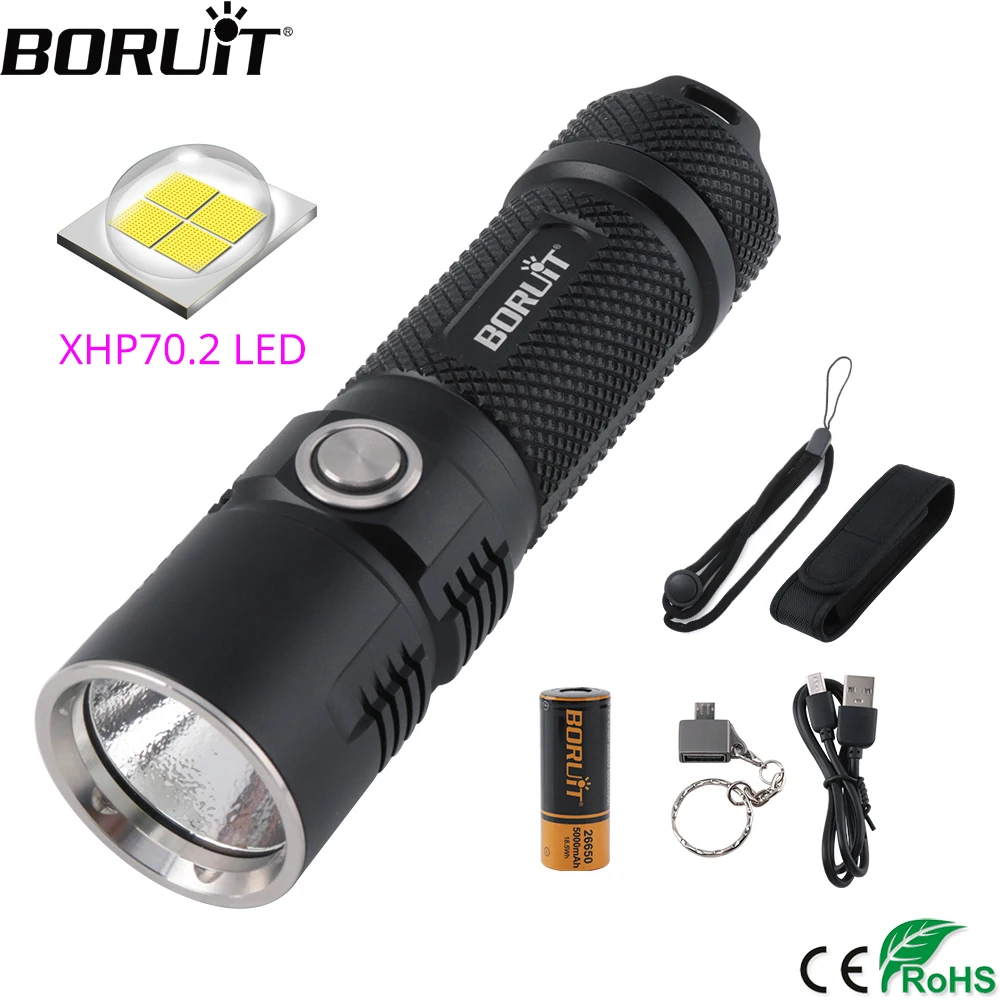 

BORUiT BC10 XHP70.2 LED Flashlight 6-Mode USB Charger Torch Max 3600LM Power Bank Lantern Camping Flash Lamp by 26650 Battery