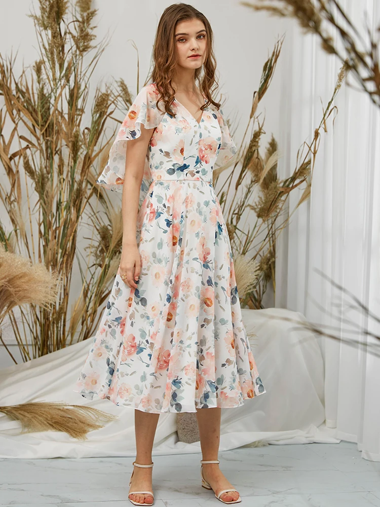 

Cap Sleeves Bridesmaid Dresses V Neck Peach Floral Chiffon Tea Length Midi Plus Size Wedding Party Guest Formal Gown