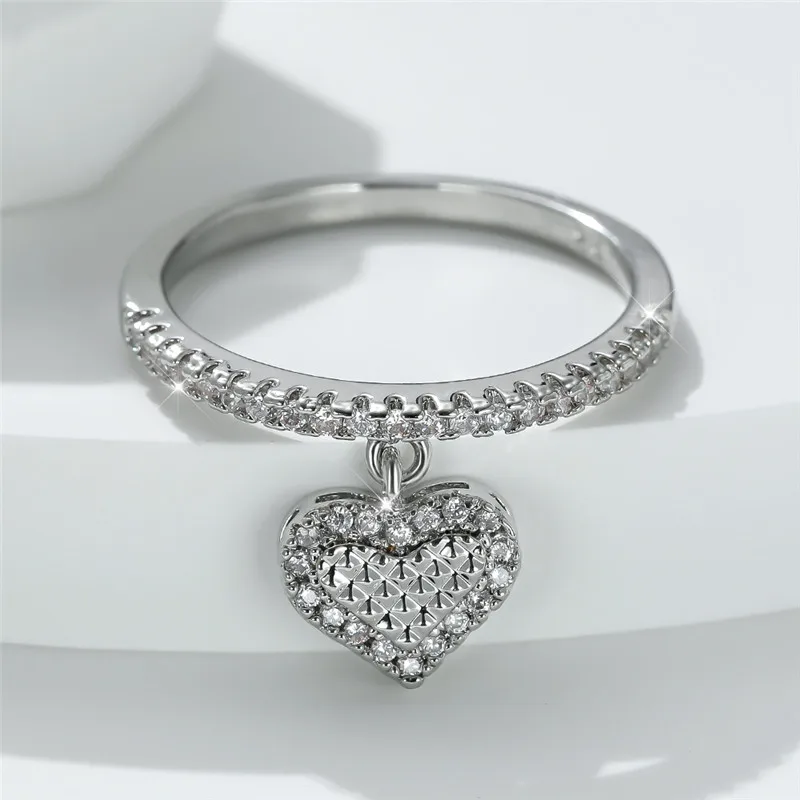 Cute Female Crystal Heart Pendant Ring Trendy Gold Silver