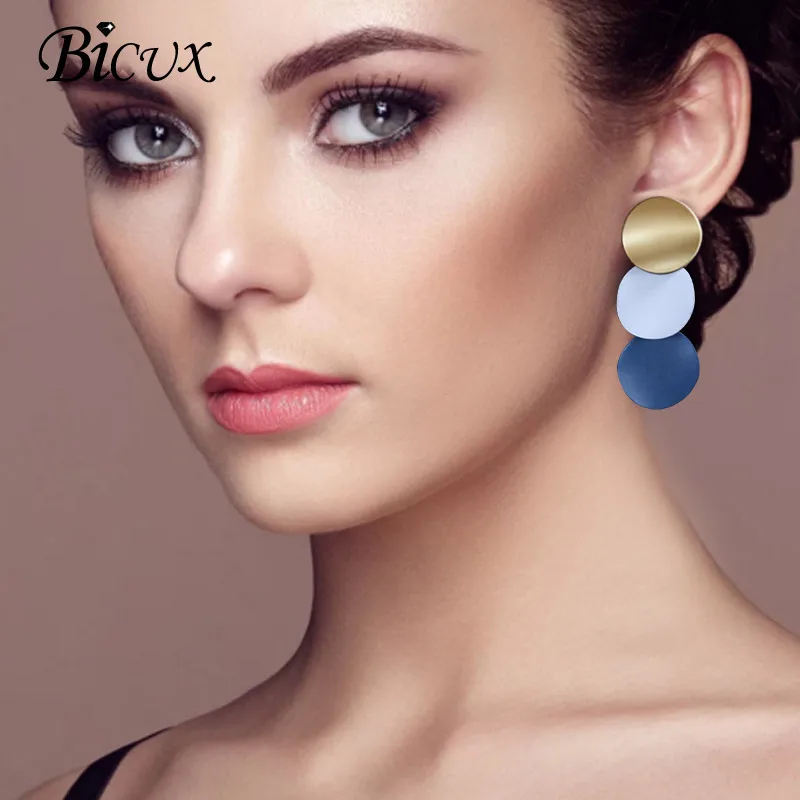 BICUX New Korean Statement Long Drop Earrings for Women Female Fashion Geometry Jewelry Vintage Round Metal Hanging Earring