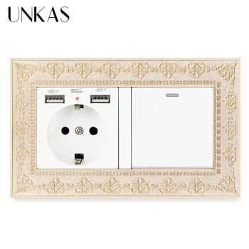 

UNKAS 4D Zinc Alloy Metal Panel EU Socket Dual USB Port Soft LED + 1 Gang 1 / 2 Way On / Off Light Switch Embossing Retro Frame