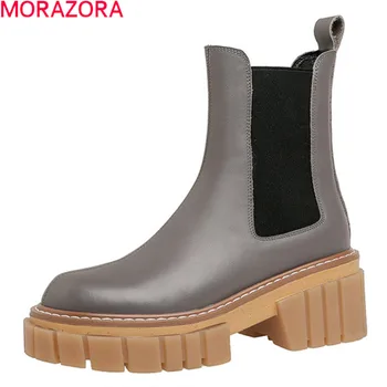 

MORAZORA 2020 Genuine leather boots square heels round toe autumn winter ladies shoes fashion slip-on round toe ankle boots
