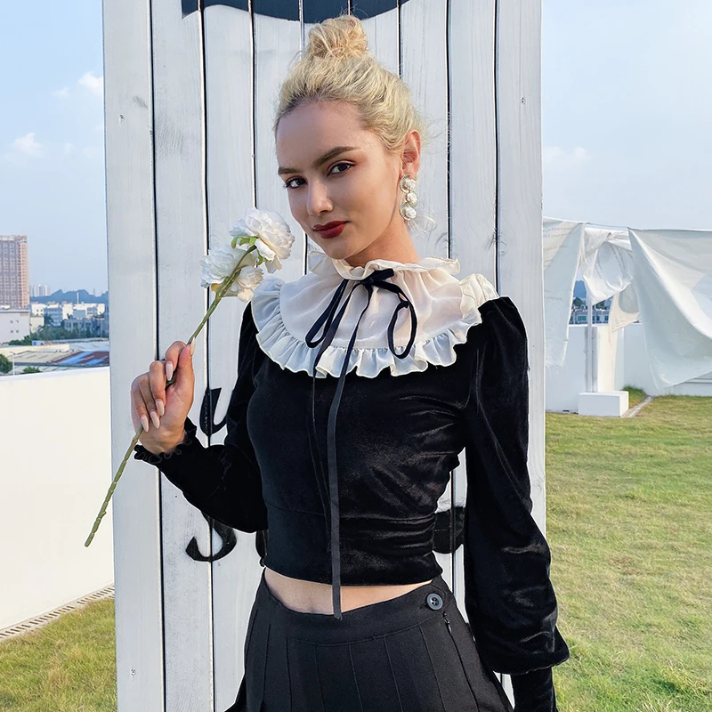 Rapwriter Elegant Runched Patchwork Mesh Lace-up Velvet T-Shirts Women Autumn Streetwear Long Sleeve Fitted Waist Tee Shirt