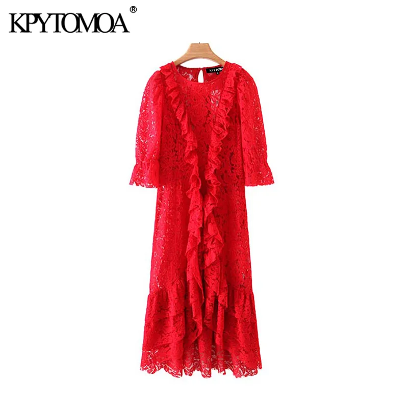 Vintage Elegant Hollow Out Ruffled Lace Midi Dress Women 2020 Fashion O Neck Half Sleeve Front Split Female Dresses Vestidos Vintage Elegant Hollow Out Ruffled Lace Midi Dress Women 2020 Fashion O Neck Half Sleeve Front Split Female Dresses Vestidos
