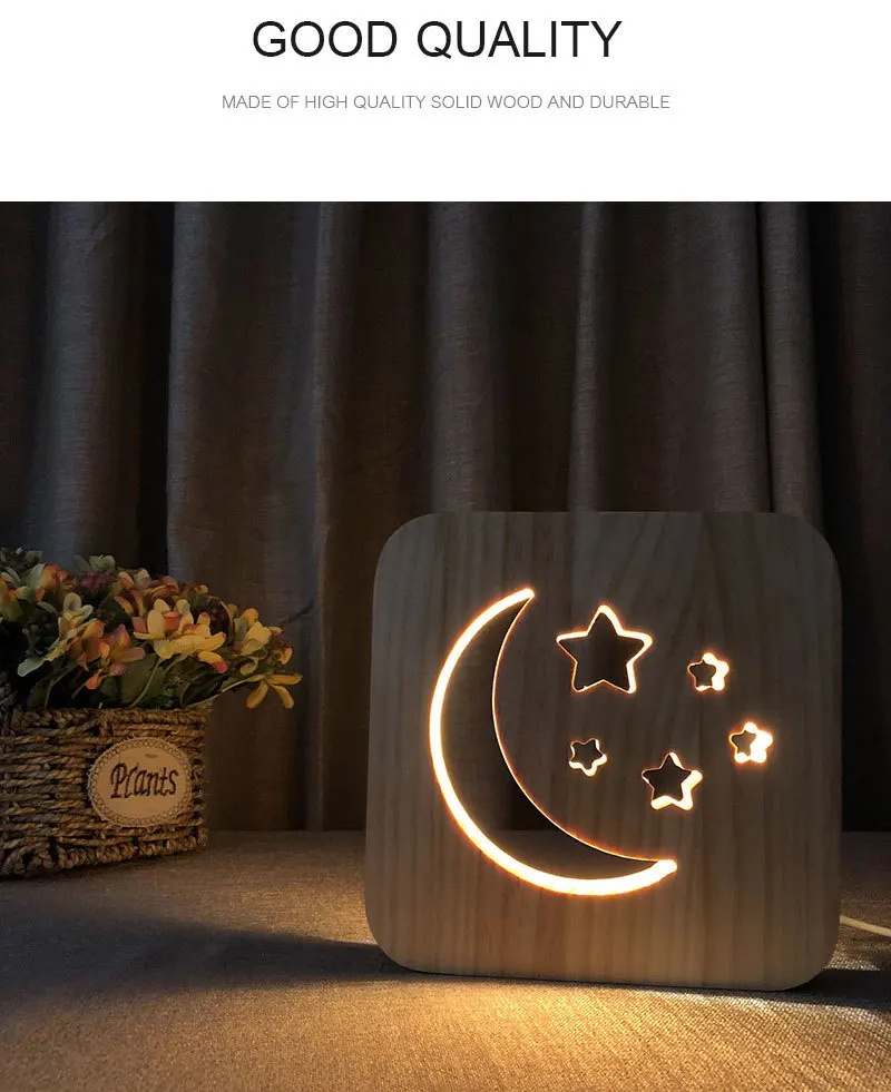 Creative 3D Shadow Wooden LED Night Light Moon Star Luminaria USB Desk Table Lamp For Baby Kids Bedroom Birthday Christmas Gifts  (1)