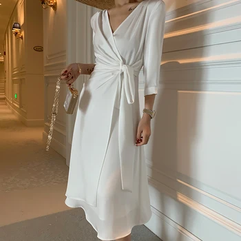 

White Rbe Satin Spaghetti Strap Dress 2020 summer dress plus size sexy robe blanche femme casual long sleeve collar elegant