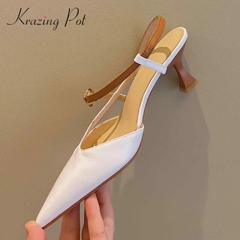 

Krazing pot 2020 full grain leather gentlewomen mixed colors pointed toe high strange heels buckle straps women summer pumps L09