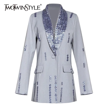 

TWOTWINSTYLE Casual Patchwork Sequined Blazers For Women Notched Long Sleeve Tunic Hit Color Suits Female Clothing Fashion Tide