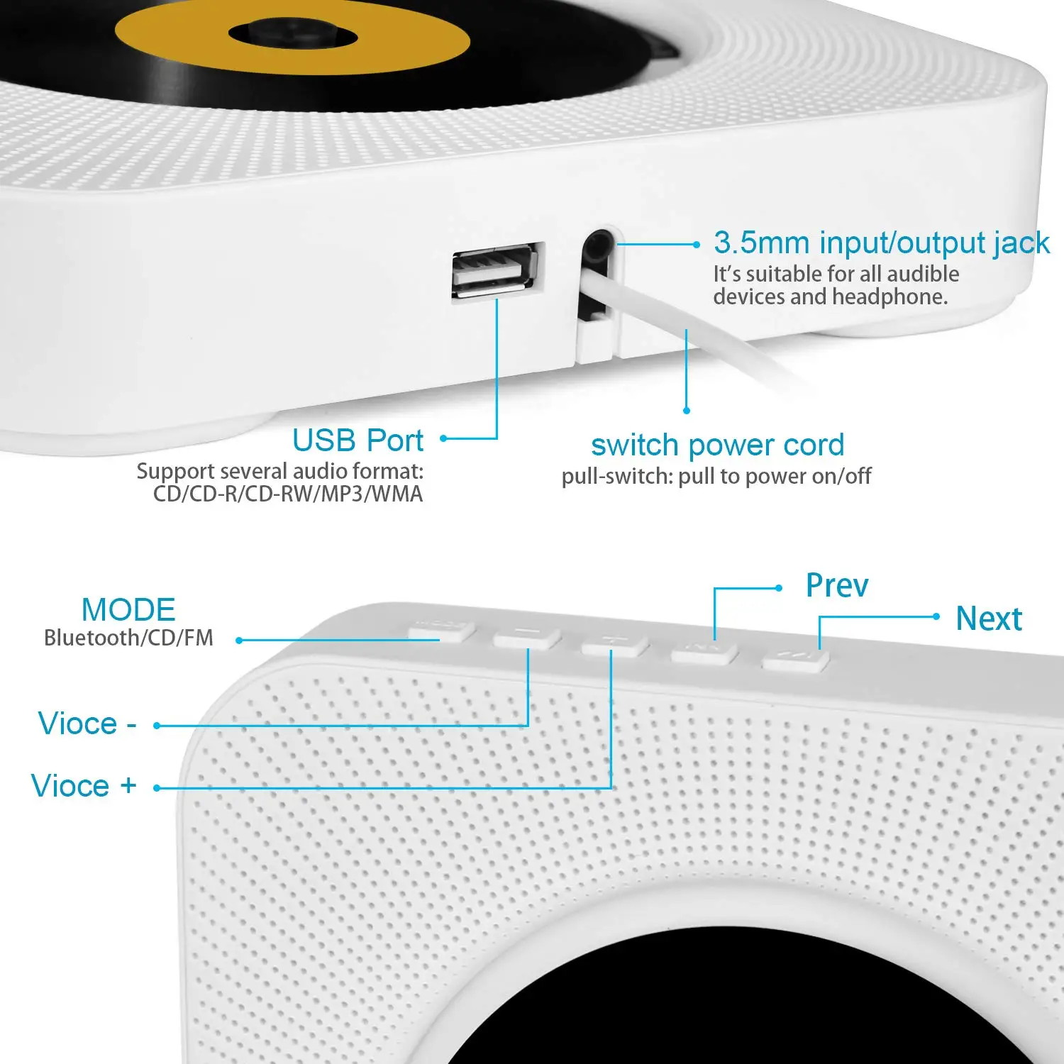 Настенный Bluetooth CD плеер Пульт дистанционного управления fm-радио встроенный HiFi Bluetooth портативный домашний аудио магнитофон