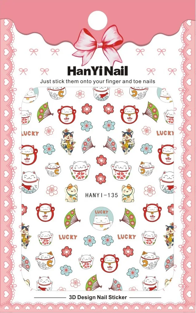 HanYi134-136 стиль-Lucky Cat 3D наклейки для ногтей с резиновой наклейкой для ногтей украшения для маникюра