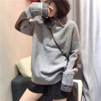 

New Sweater Women Autumn Winter Korean Casual Denim Shirt Collar Fake Two-piece Loose Loose Pullover Sweater Women