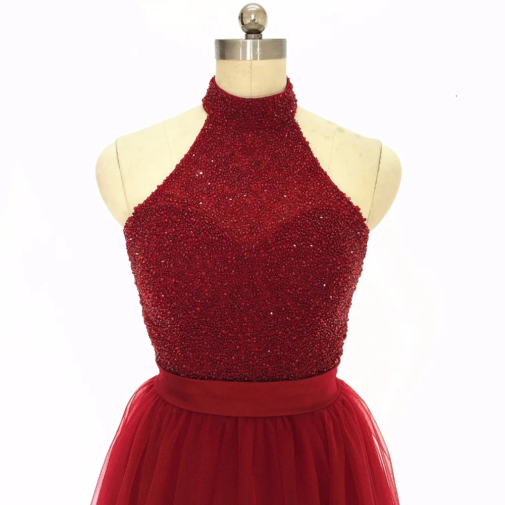 

Crystal Beading Short Prom Dresses Backless 2020 Halter Sequined Formal Long Evening Gowns Knee Length Women's Party Dress