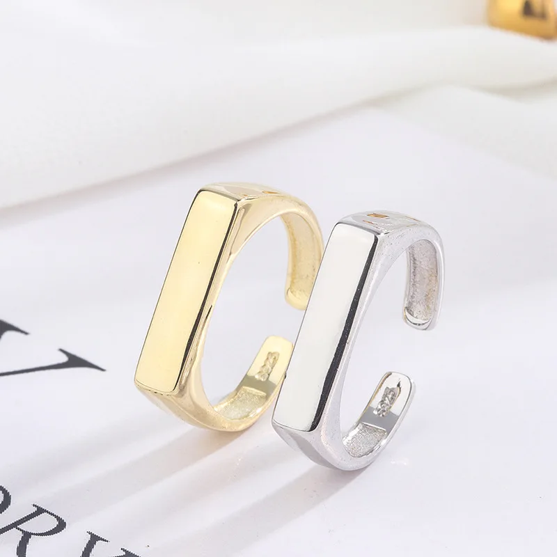 

Hot sale geometric rectangle 925 sterling silver ring, minimalist women's adjustable glossy ring, punk style fashion jewelry