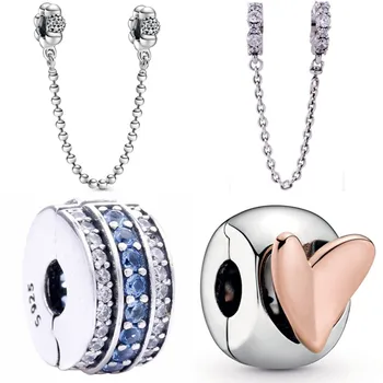 

Beads & Pave Clear Sparkle Safety Chain Clear Blue Line Freehand Heart Clip Beads Fit Pandora Bracelet 925 Sterling Silver Charm