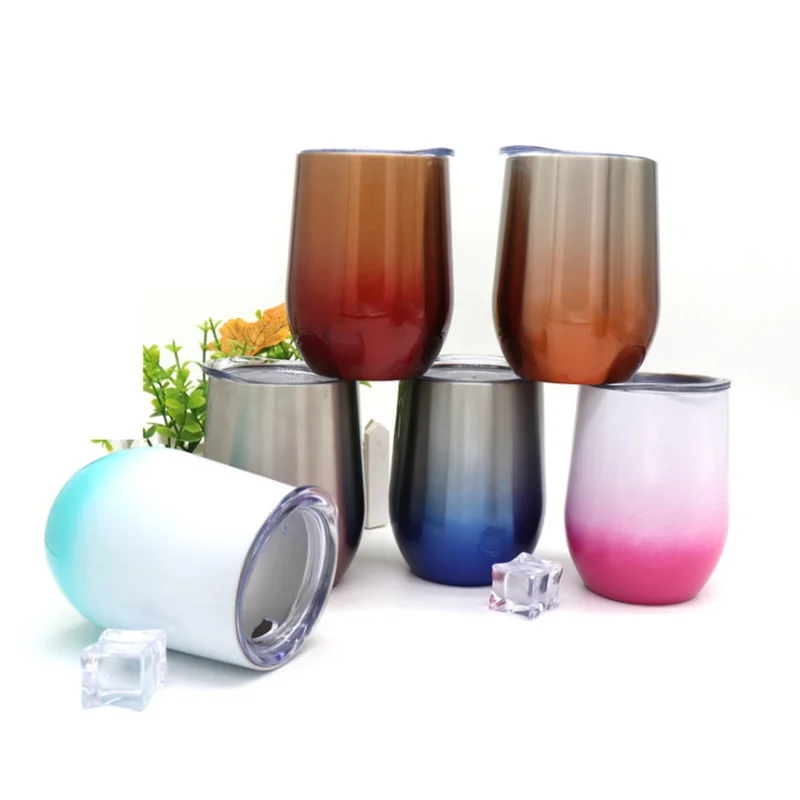 

Contrast color 12oz stemless stainless steel wine tumbler vacuum insulated wine glass tumbler egg shaped mug