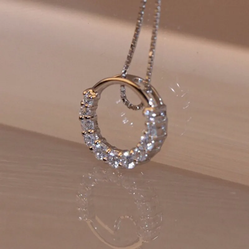 Huitan Delicate Circle Shape Pendant Bridal Wedding Necklace Silver Color Shiny CZ Elegant Timeless Style Women Jewelry | Украшения и