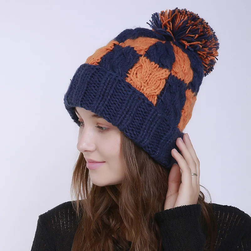 Толстые женские шапки Skullies, Зимние Женские однотонные шапки с помпоном, зимняя женская шапка, шапка для девочек, вязаные шапки, шапка - Цвет: Color   1