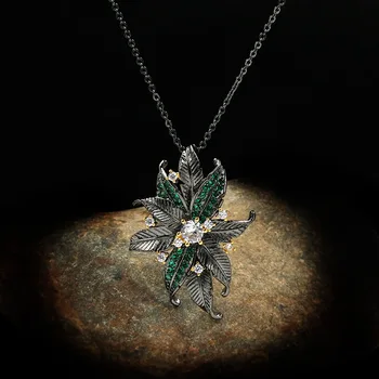 

CIZEVA Bohemia Jewelry Delicate Coco Flower Leaves Necklace for Women Retro Black Gold Filled Emerald Pendant Necklace Chokers