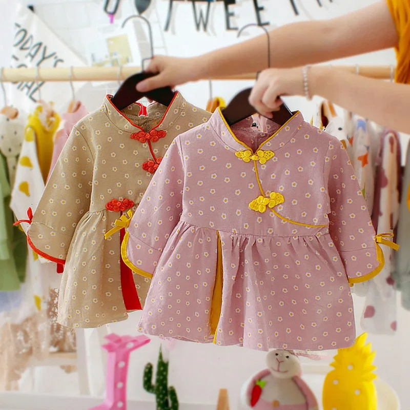 

Autumn Casual Baby Girls Flower Print Long Sleeve Dress Kids Toddler Tang Suit Princess DressesC 6 Months - 3 years