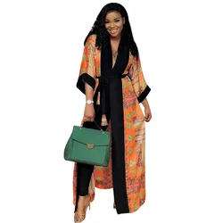 Women's Autumn New Fashion Loose Long Coat Dashiki Five-Point Sleeve Maxi Dresses Femme Ankara Robes Sexy African Clothing 2021