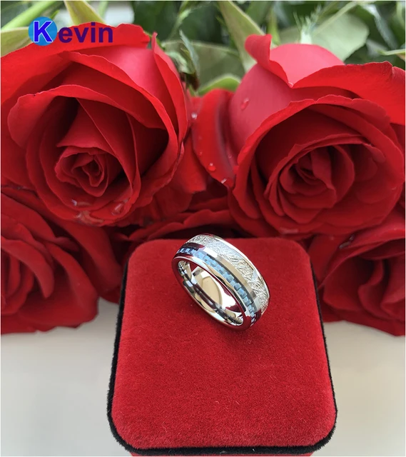Anillo de boda de tungsteno para hombre y mujer, sortija con incrustaciones de meteorito blanco y fibra de carbono azul claro, 8MM, ajuste cómodo - Imagen 5