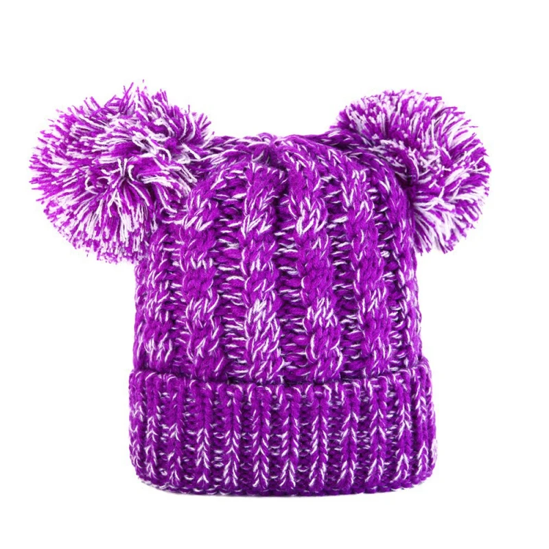 Kid Knit Hat Autumn and Winter Weaving Double Ball Boys and Girls Hat With Two Double Pom Pom Beanie For Cute Boys Girl 1-3Years - Color: 08