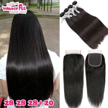 

Bundles With Lace Closure Straight Hair Bundles With Closure Peruvian Human Hair Bundles With Closure 3 Bundles And Closure 28"