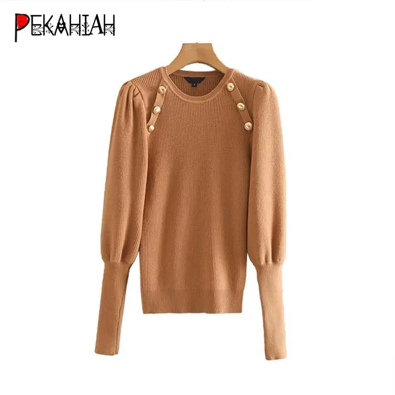 Vintage chic black white knitted sweaters women pullover casual o neck puff sleeve stretchy ladies winter clothes | Женская одежда